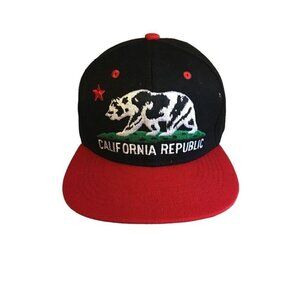 California Republic Bear Baseball Trucker Hat Cap Black Red Embroidered Snapback